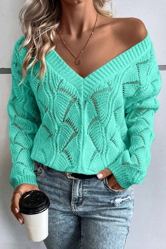 Openwork V-Neck Long Sleeve Sweater Turquoise