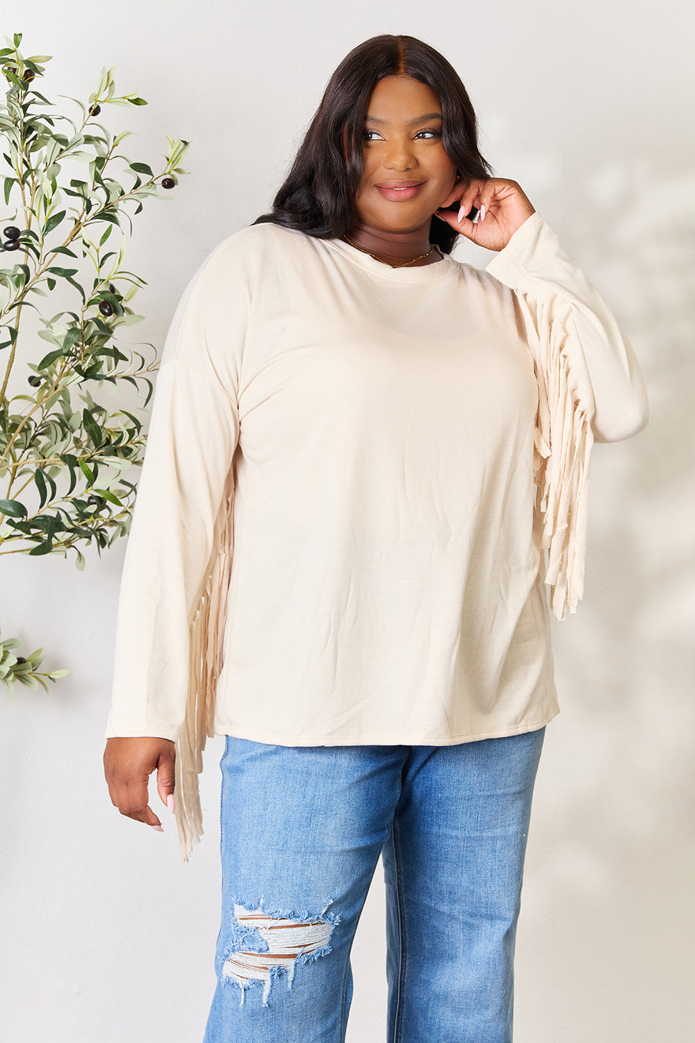 Celeste Full Size Fringe Detail Long Sleeve Blouse Ivory