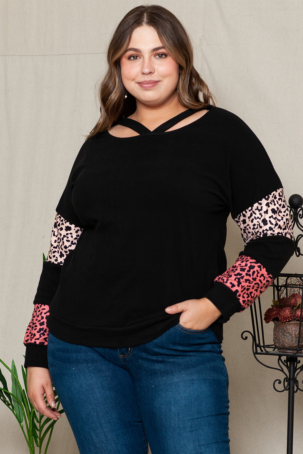 Plus Size Leopard Dropped Shoulder Long Sleeve T-Shirt Black