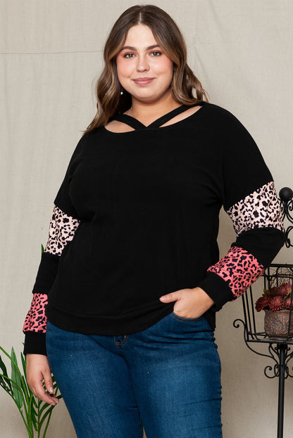 Plus Size Leopard Dropped Shoulder Long Sleeve T-Shirt Black