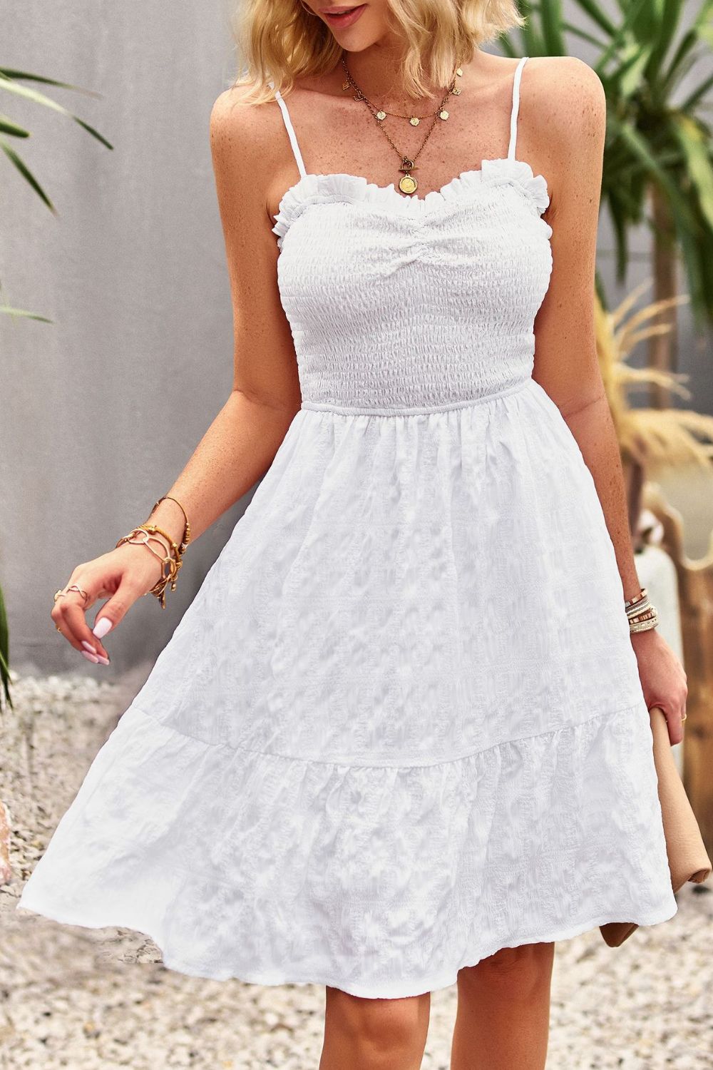 Spaghetti Strap Ruched Ruffle Hem Dress White