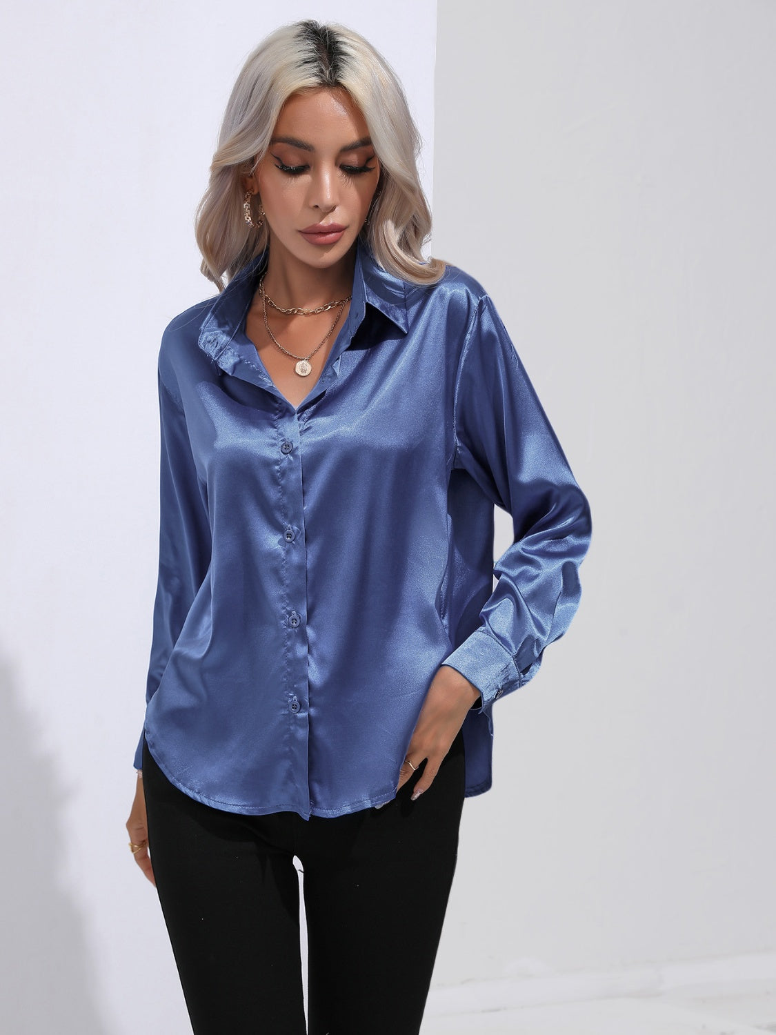 Collared Neck Buttoned Long Sleeve Shirt Dusty Blue