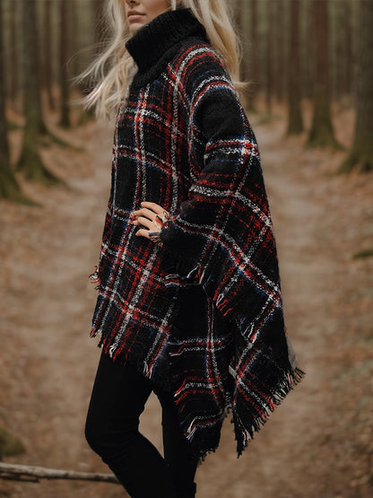 Turtleneck Plaid Raw Hem Sweater