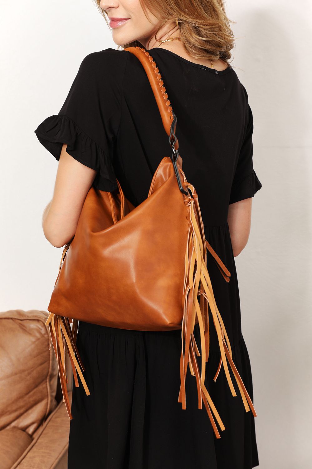 SHOMICO PU Leather Fringe Detail Shoulder Bag - Thandynie