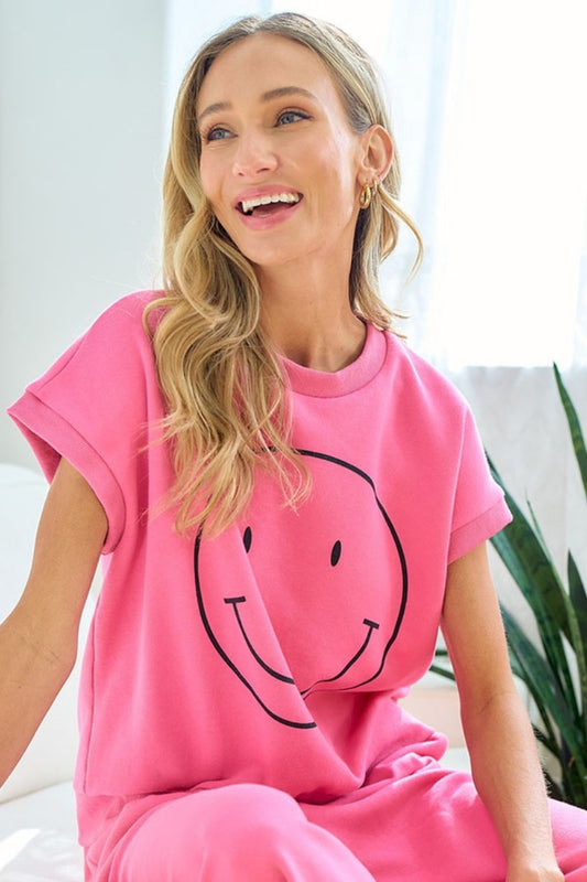 First Love Smile Face Drop Shoulder Brushed Inside T-Shirt Pink