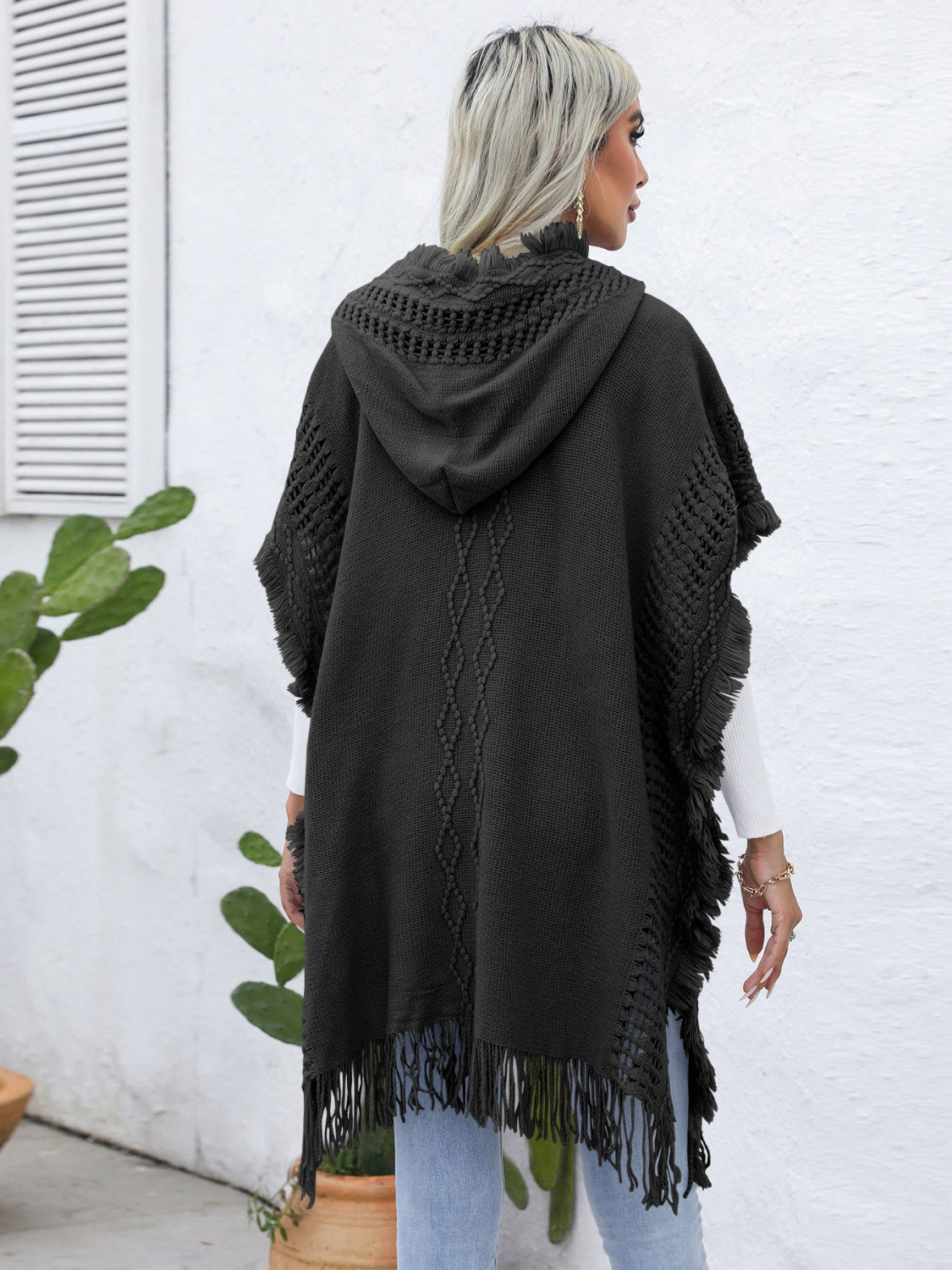 Fringe Trim Buttoned Hooded Poncho - Thandynie