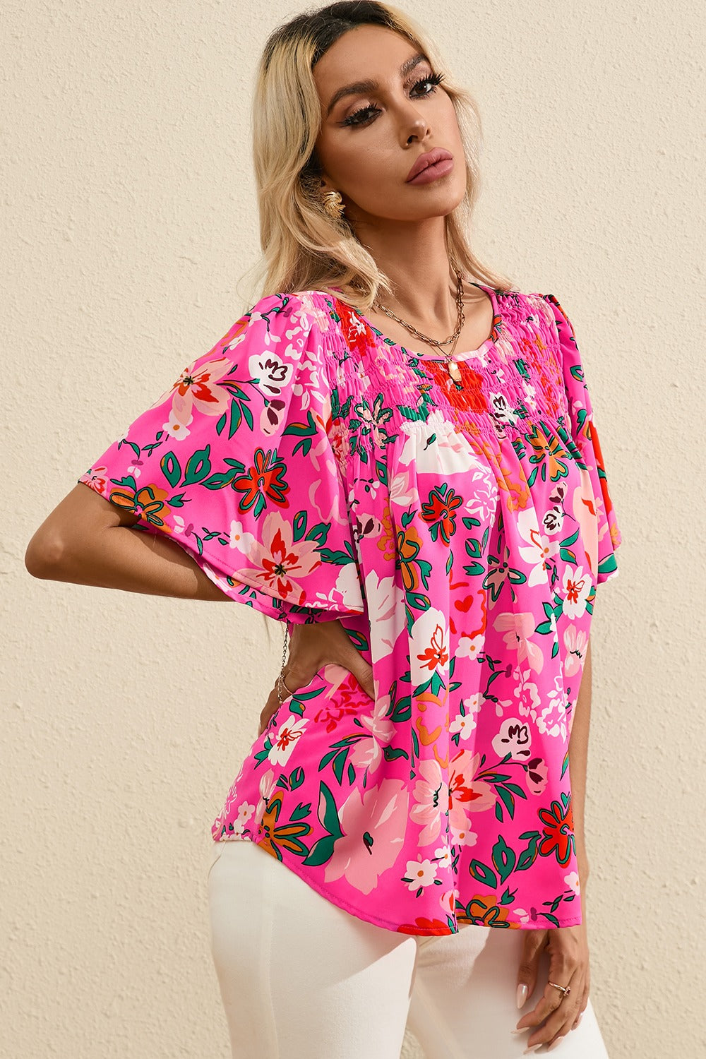 Smocked Printed Round Neck Half Sleeve Blouse