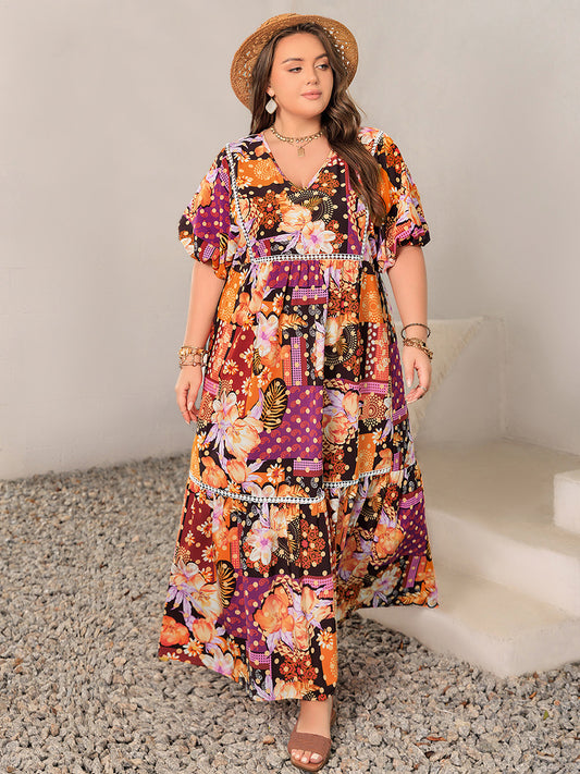 Plus Size Printed V-Neck Half Sleeve Maxi Dress Multicolor