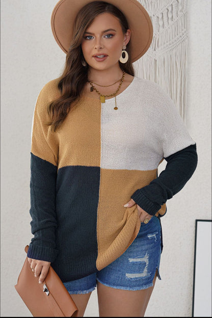 Plus Size Color Block Round Neck Sweater Khaki