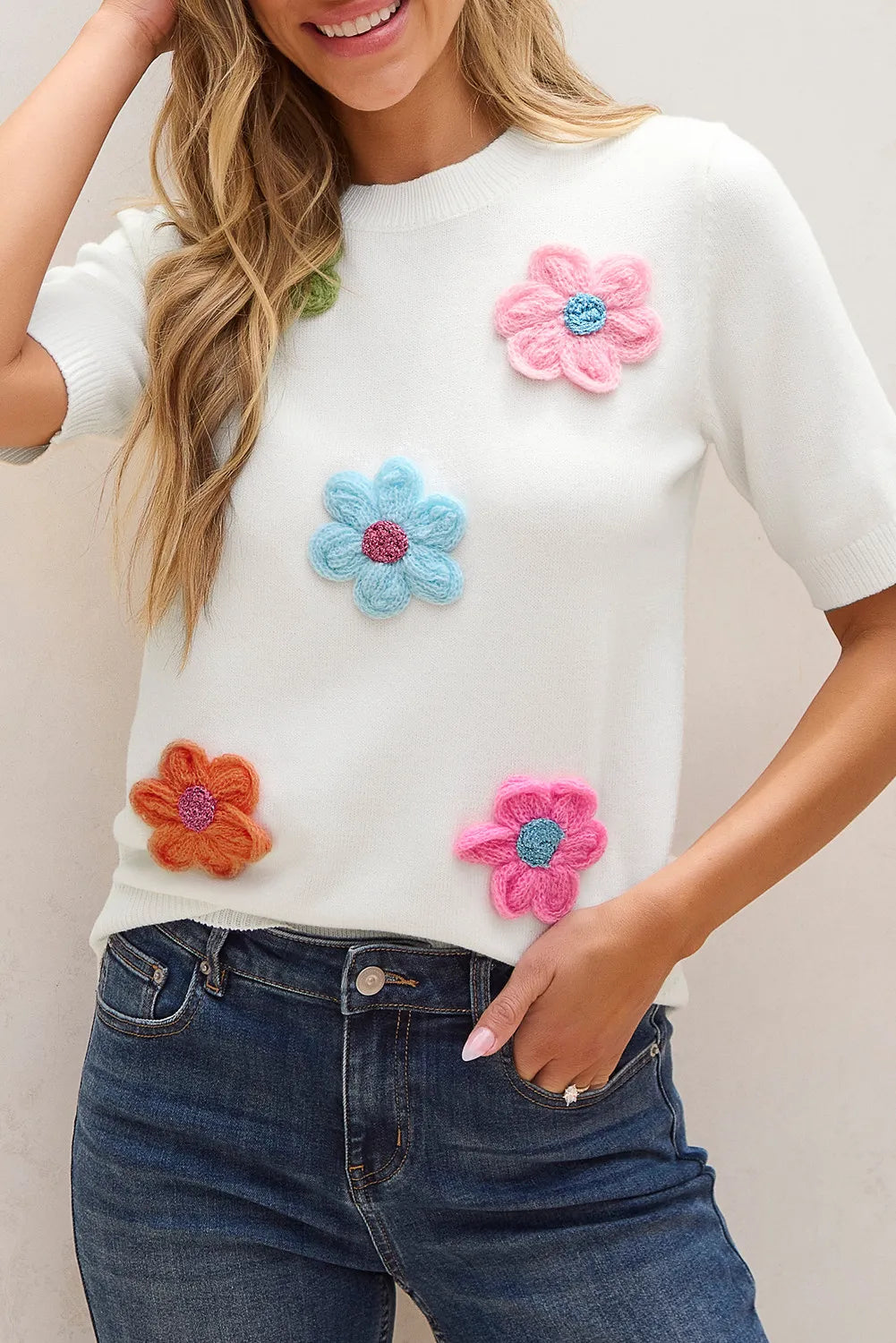 Flower Round Neck Short Sleeve Sweater White XL