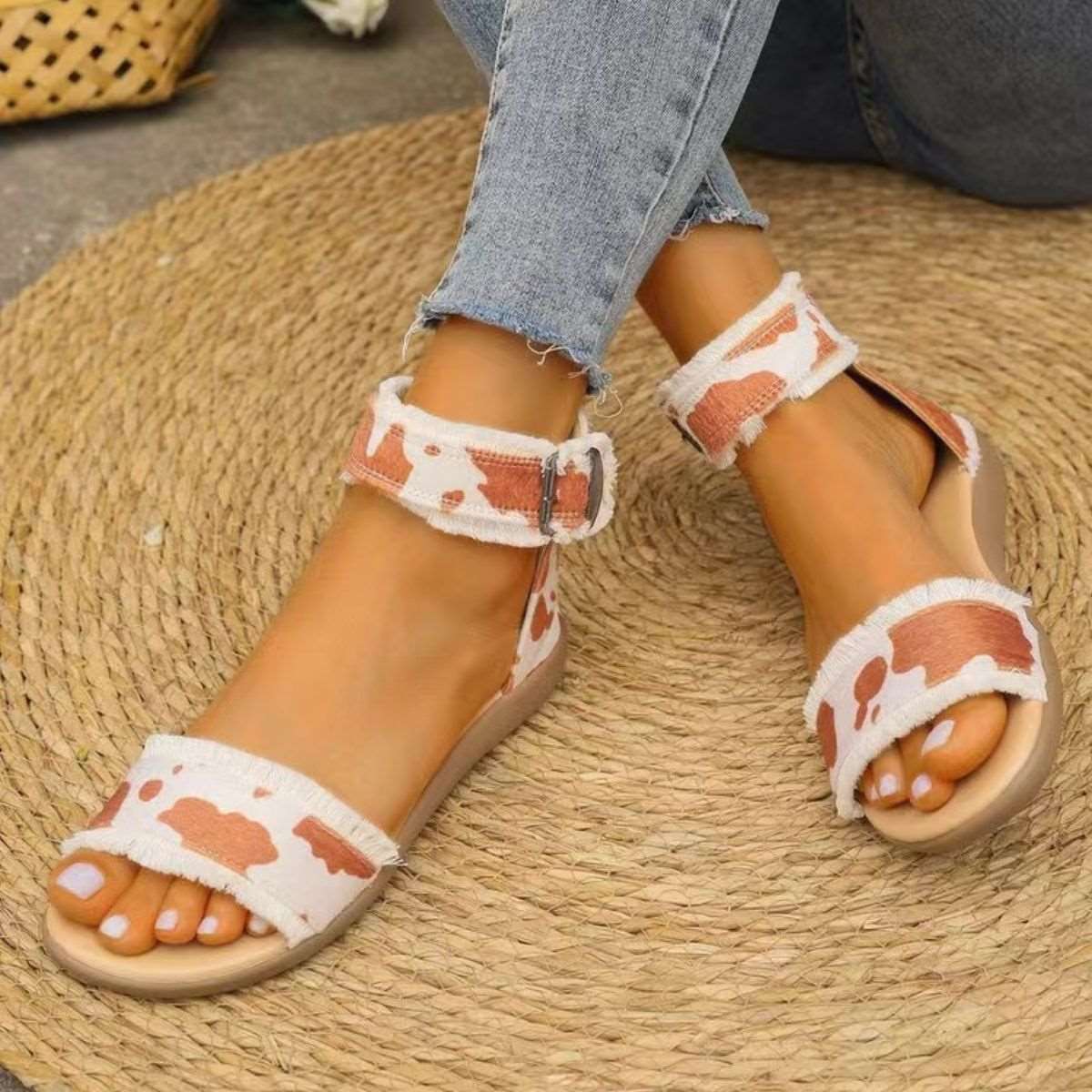 Animal Print Open Toe Sandals White