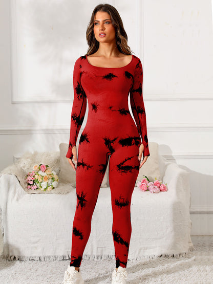 Scoop Neck Long Sleeve Active Jumpsuit Deep Red