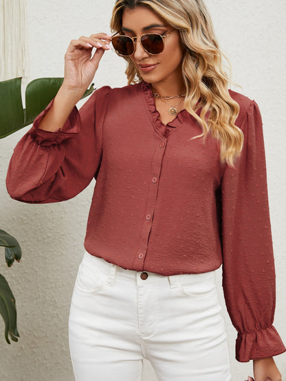 Button Up Flounce Sleeve V-Neck Shirt Brown