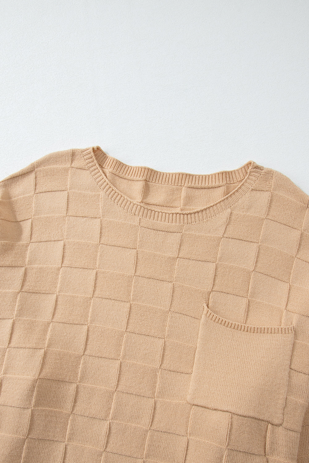 Light French Beige Solid Checkered Textured Knit Plus Size Sweater