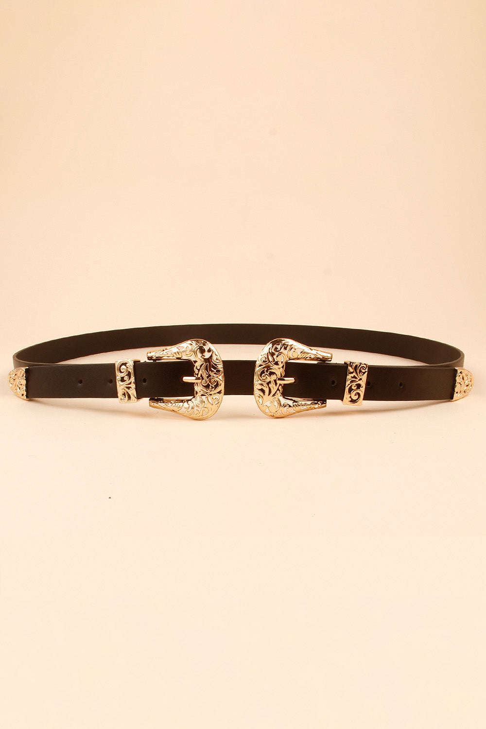 Double Buckle PU Leather Belt Black One Size