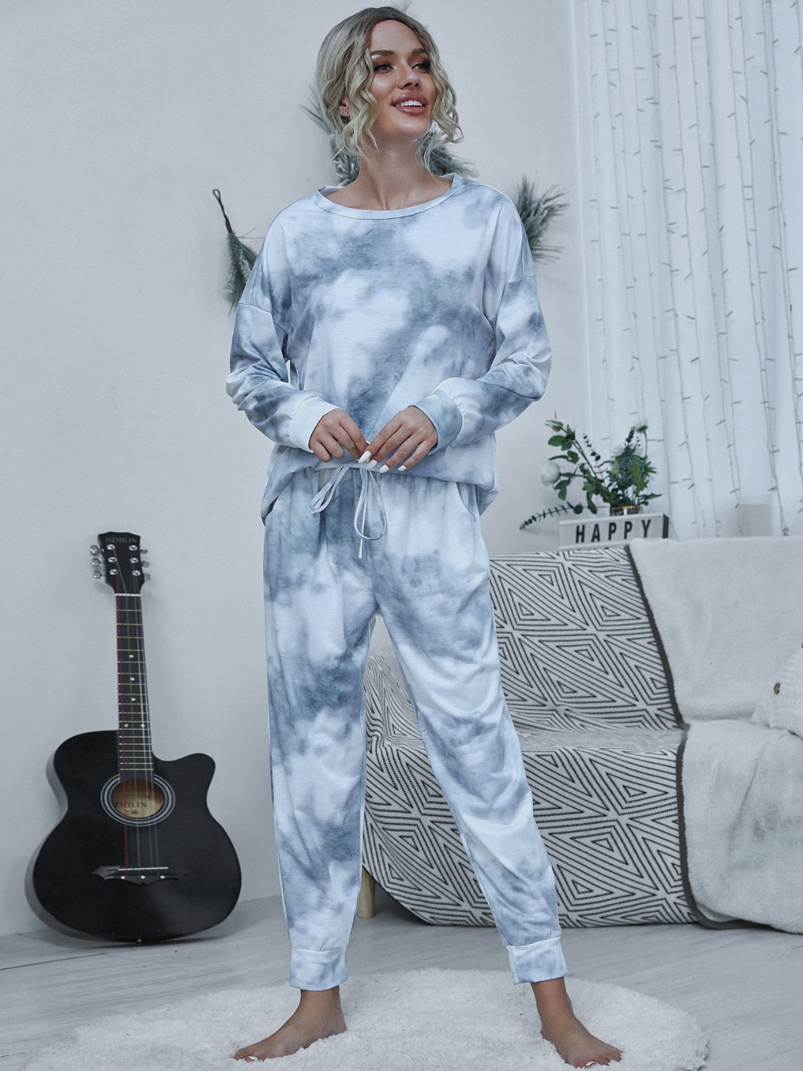 Shiny Tie-dye Round Neck Top and Drawstring Pants Lounge Set Cloudy Blue