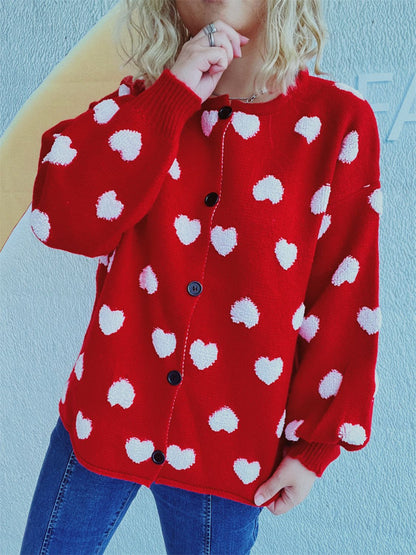 Heart Button Up Long Sleeve Cardigan Deep Red One Size