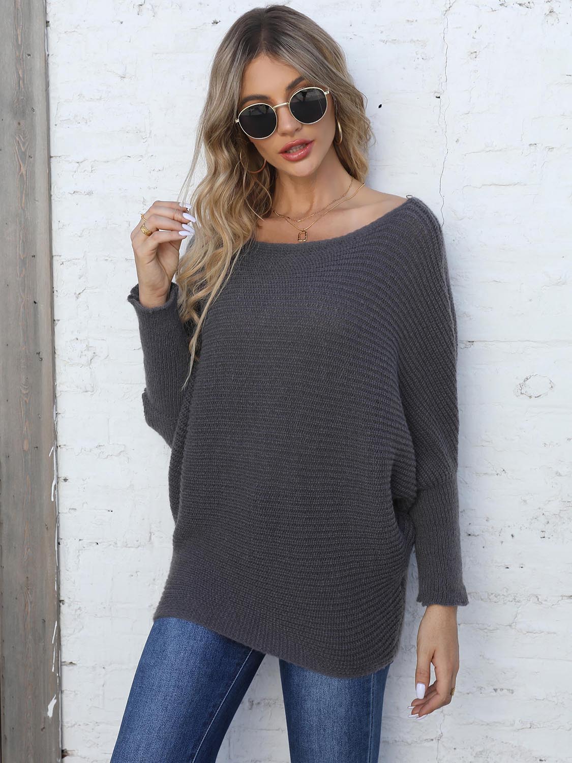 Full Size Horizontal Ribbing Dolman Sleeve Sweater Dark Gray