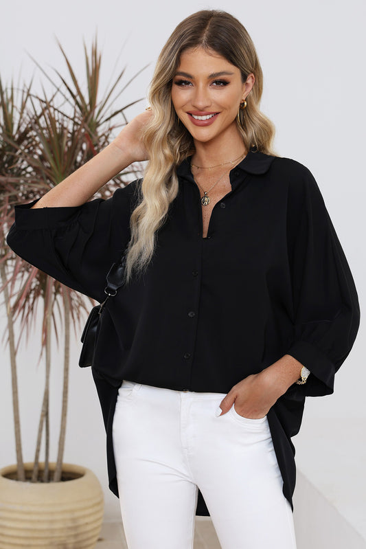 Three-Quarter Sleeve Slit Shirt Black