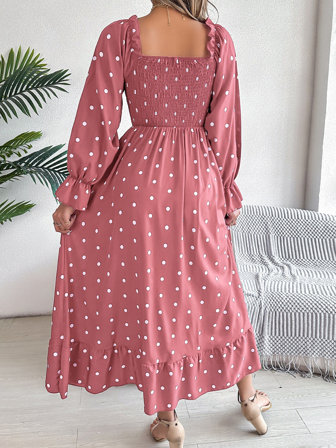 Polka Dot Flounce Sleeve Midi Dress - Thandynie