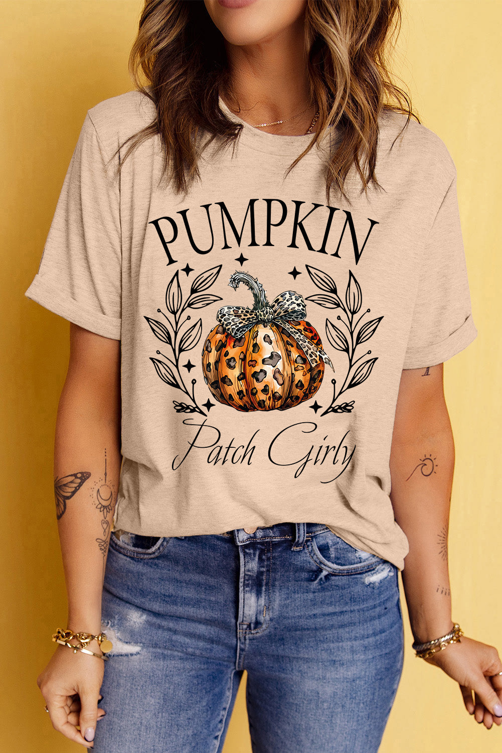 Pumpkin Graphic Round Neck Short Sleeve T-Shirt Tan