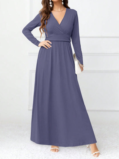 Pocketed Surplice Long Sleeve Maxi Dress Dusty Blue