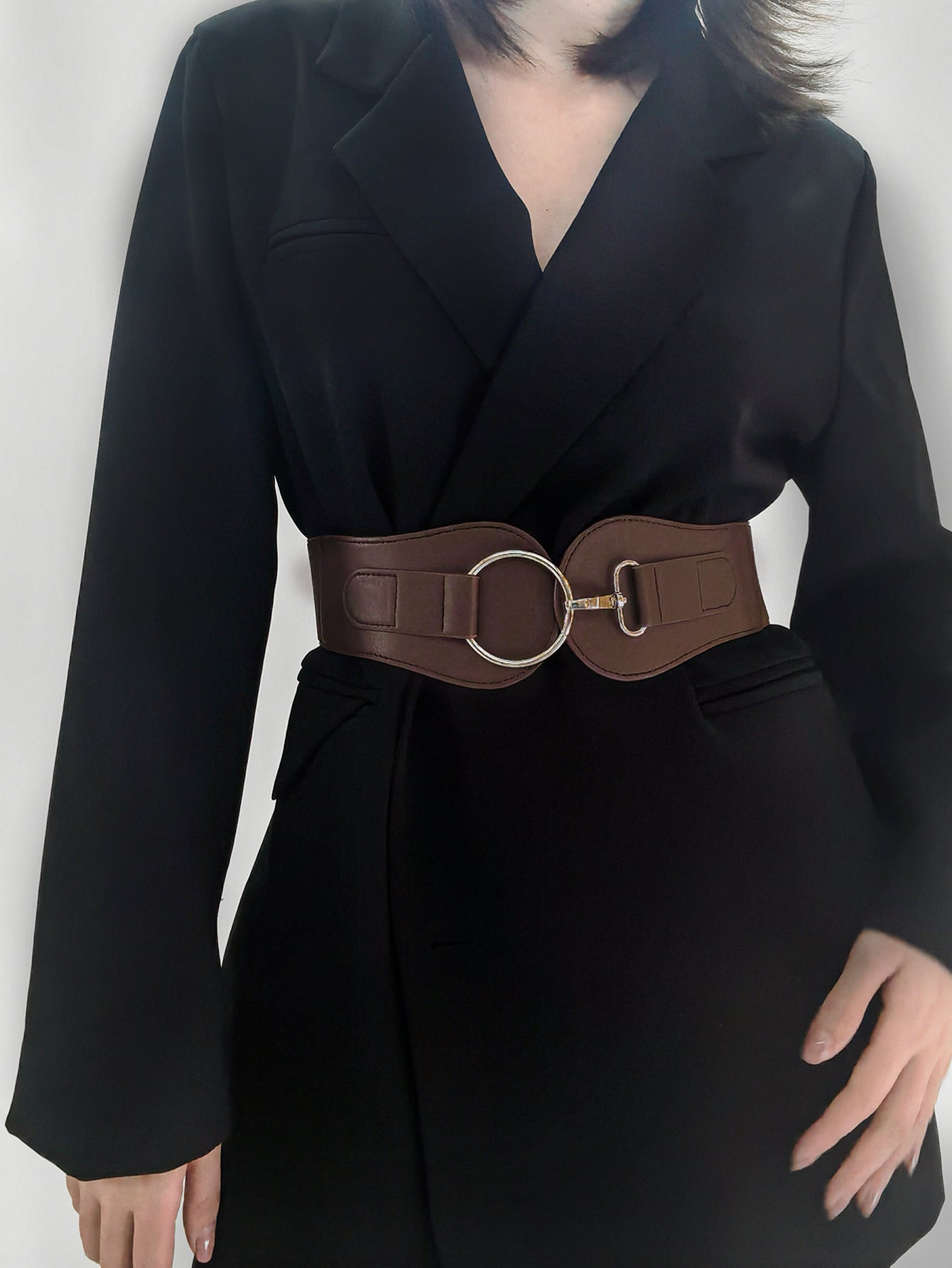 PU Elastic Wide Belt Brown One Size