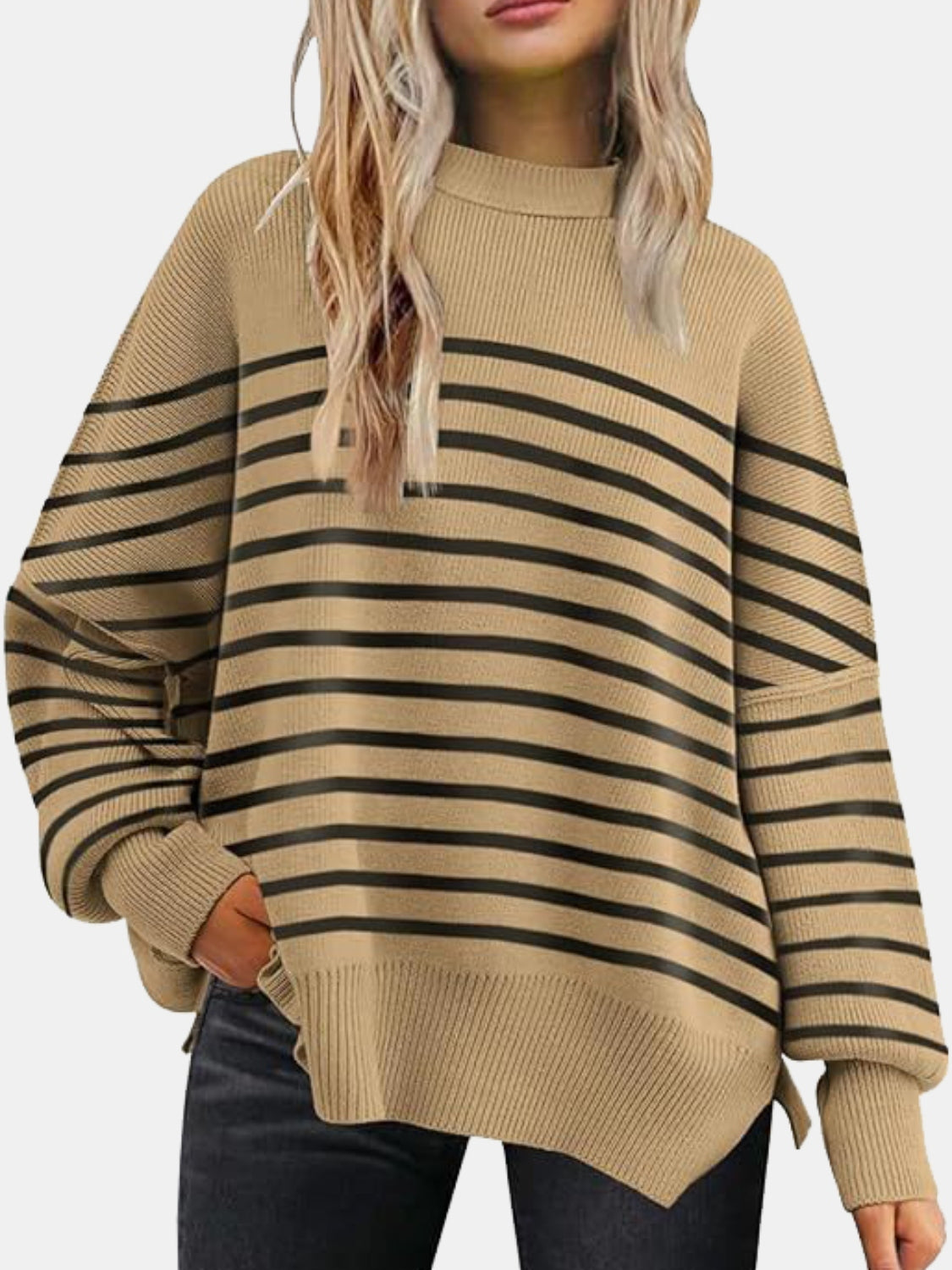 Round Neck Drop Shoulder Slit Sweater Camel