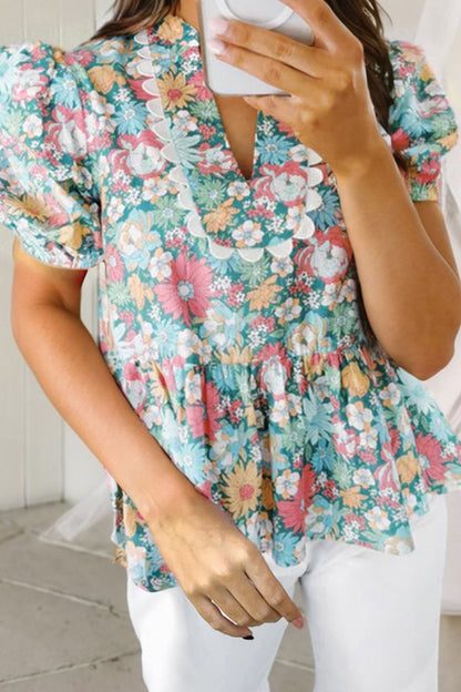 Printed Notched Short Sleeve Blouse Floral