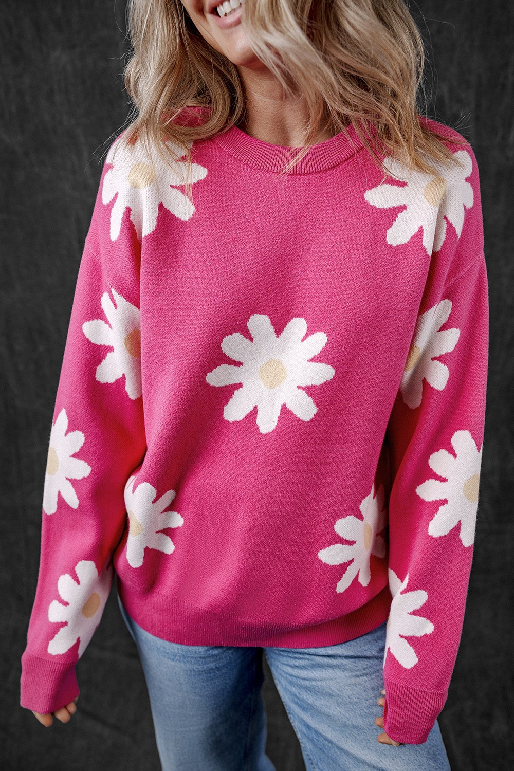 Daisy Round Neck Dropped Shoulder Sweater Hot Pink