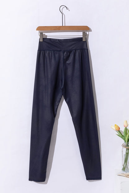 Navy Blue Crossed Dip Waist Sleek Leather Leggings