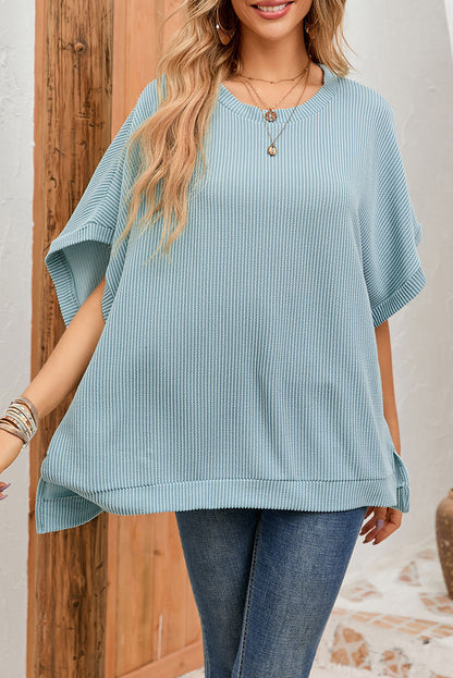 Sky Blue Ribbed Knit Batwing Sleeve Tunic Oversized T Shirt