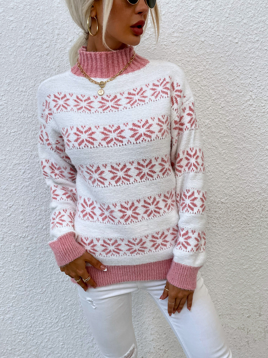 Snowflake Pattern Mock Neck Sweater Carnation Pink