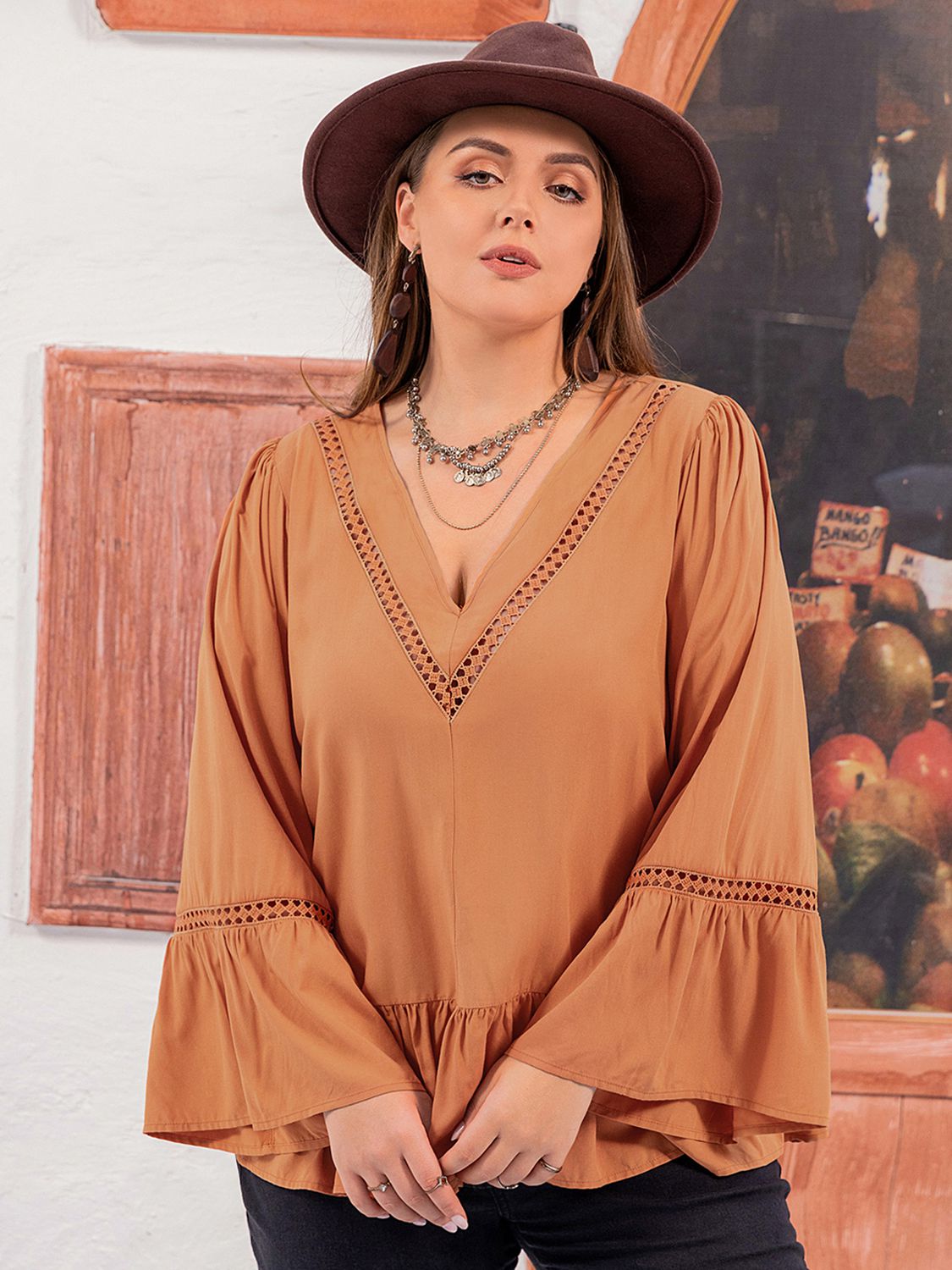 Plus Size V-Neck Peplum Blouse Caramel