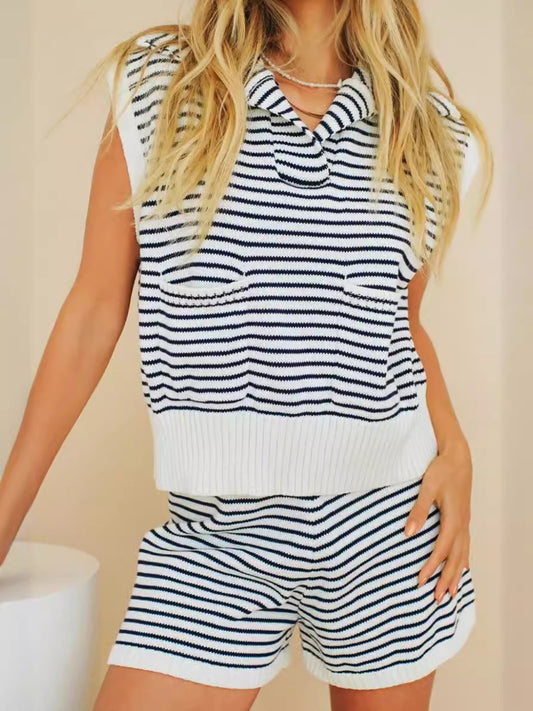 Striped Cap Sleeve Top and Shorts Sweater Set White