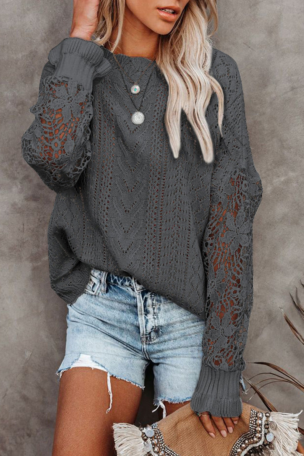 Openwork Lantern Sleeve Dropped Shoulder Sweater Dark Gray