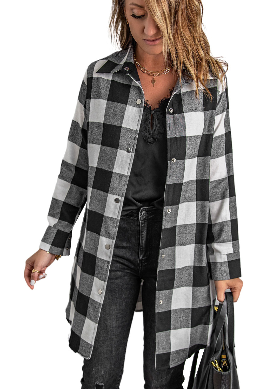 Women's Longline Plaid Shirt Coat with Turn-Down Collar | Classic British Style