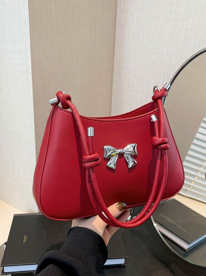 Bow PU Leather Knotted Strap Handbag Red One Size