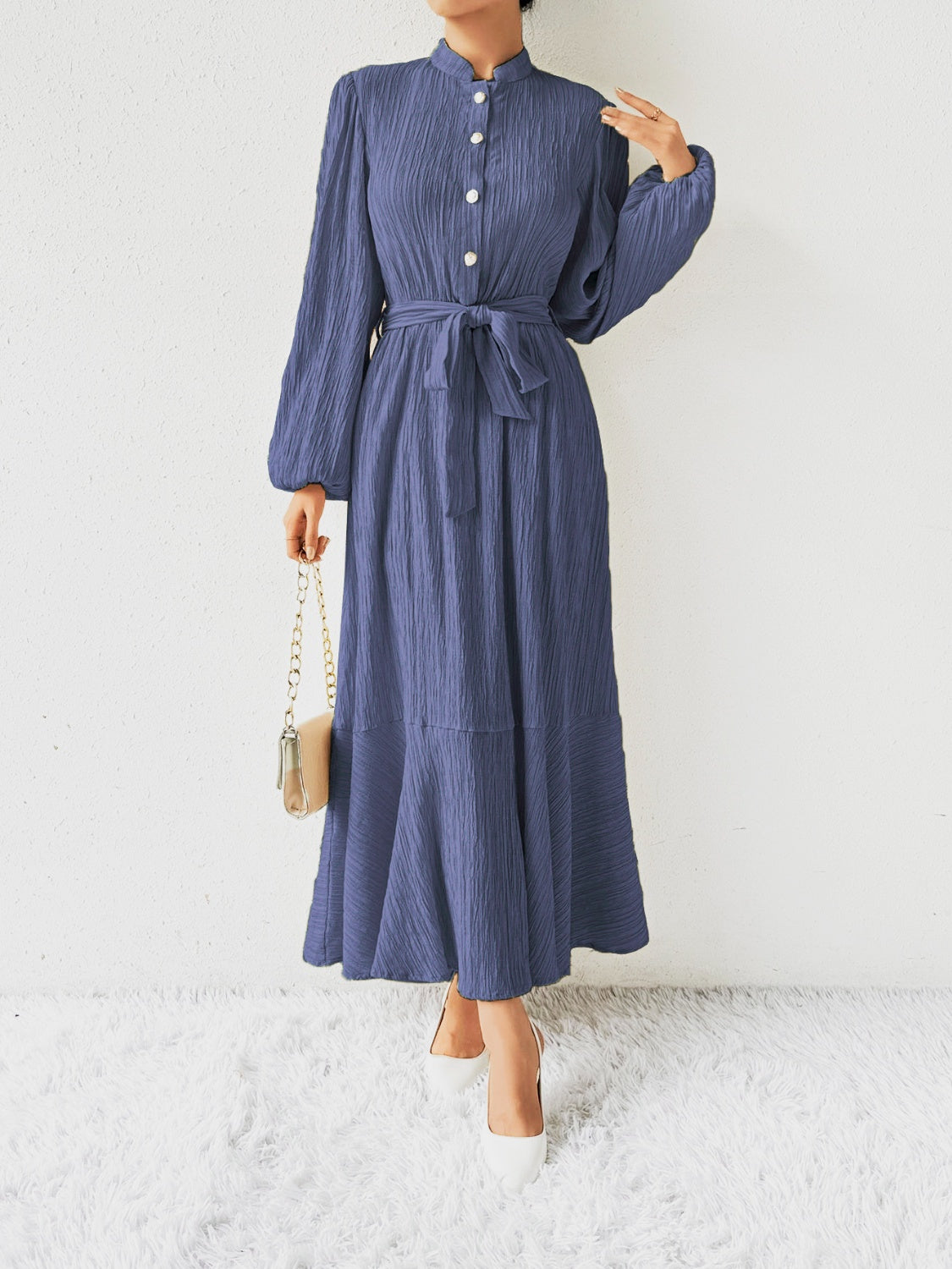 Tie Waist Long Sleeve Dress - Thandynie