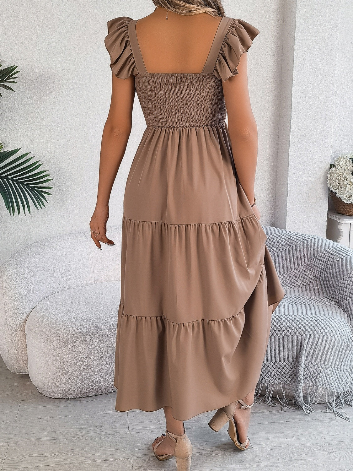 Smocked Square Neck Cap Sleeve Midi Dress Camel