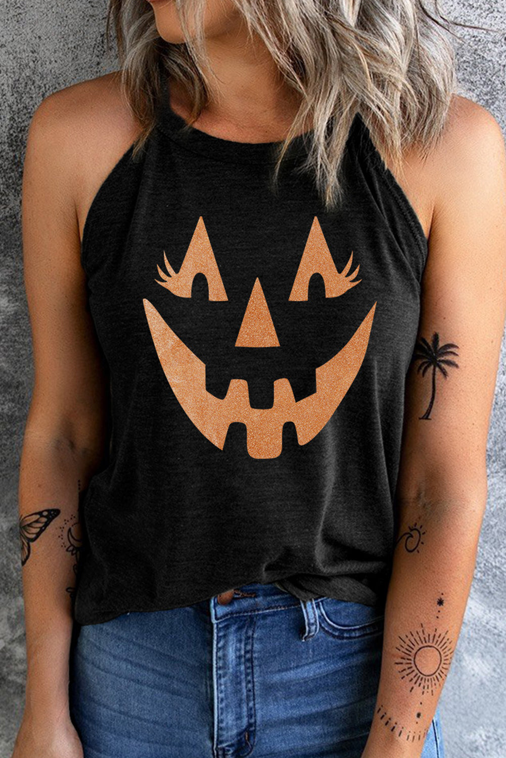 Round Neck Jack-O'-Lantern Graphic Tank Top Black