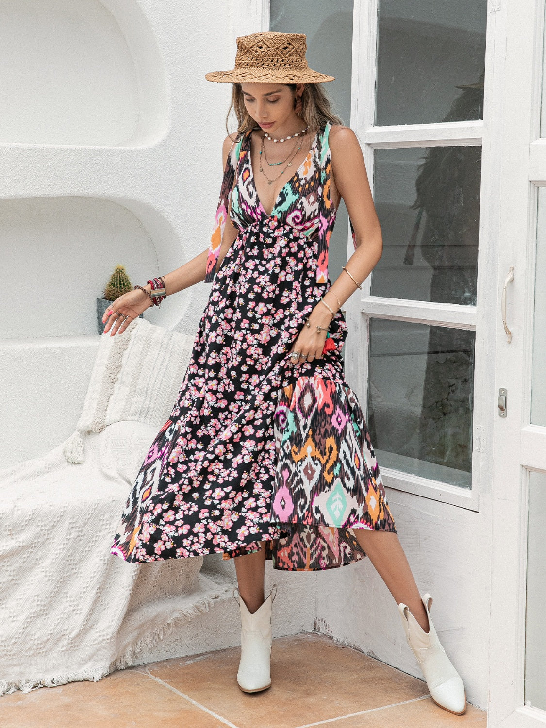 Printed Plunge Sleeveless Midi Dress Black