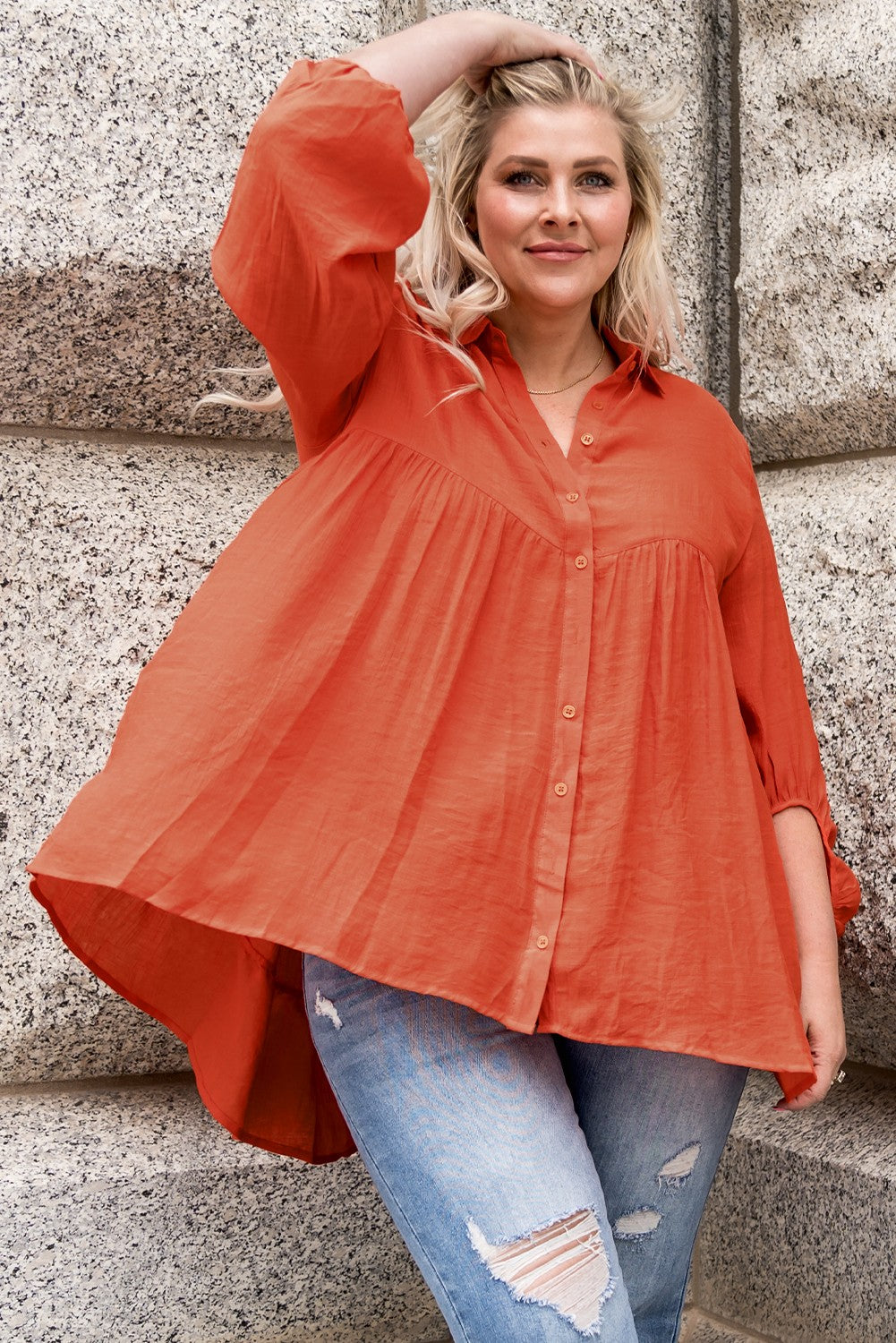 Plus Size Collared Balloon Sleeve Shirt - Thandynie