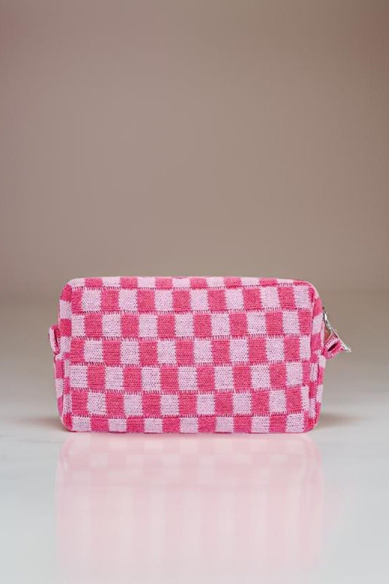 Zenana Checkered Pattern Knitted Cosmetic Pouch Pink One Size