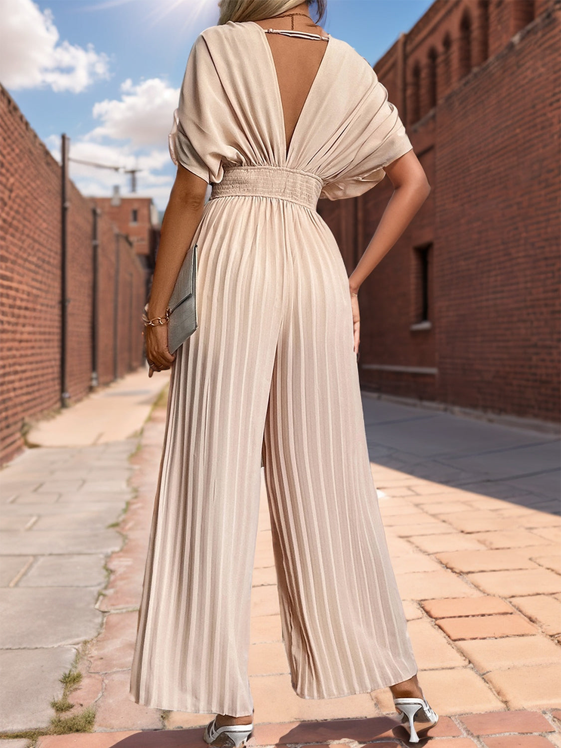 Perfee Pleated Short Sleeve Wide Leg Jumpsuit