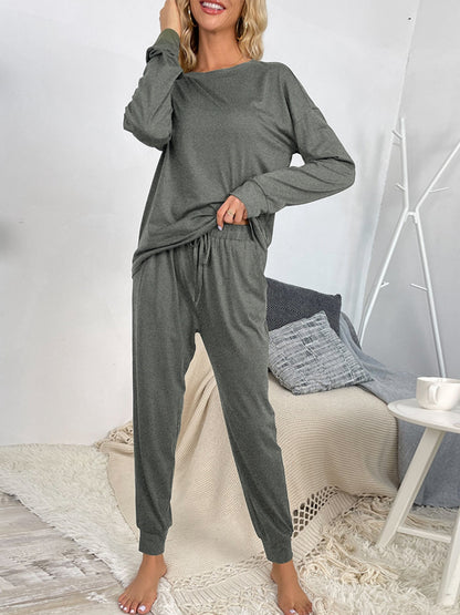 Shiny Round Neck Top and Drawstring Pants Lounge Set