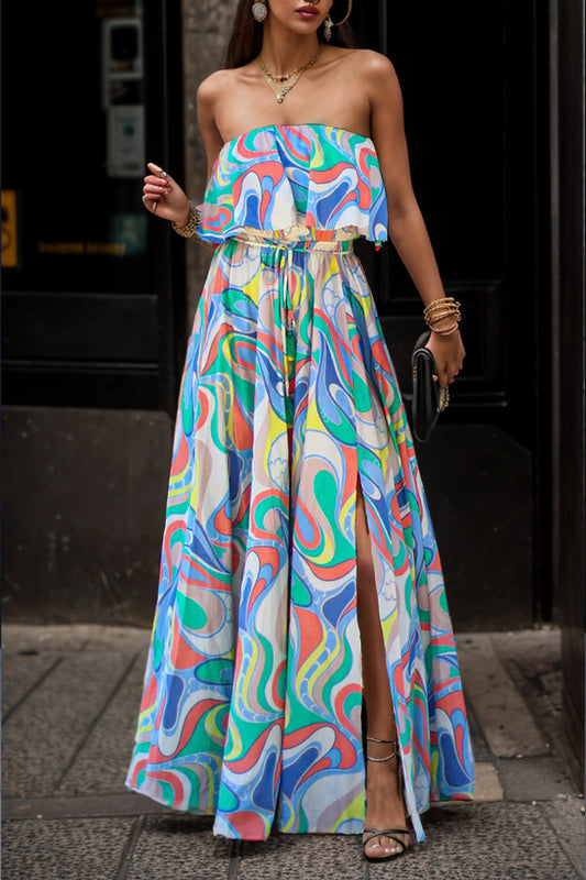 Slit Printed Tube Maxi Dress Multicolor