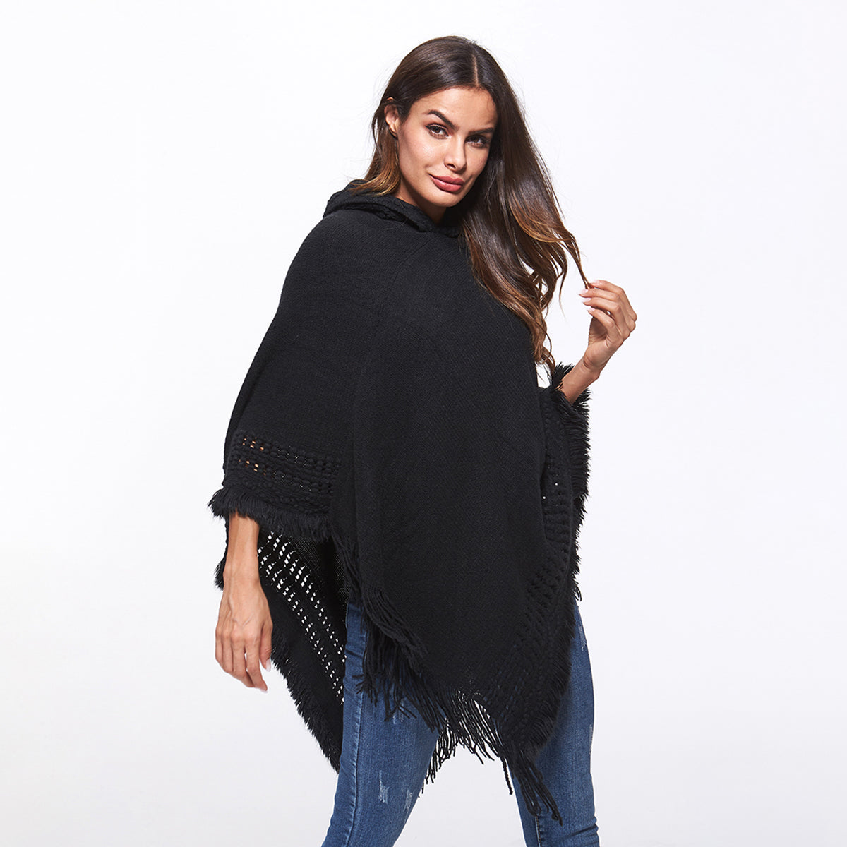 Openwork Fringe Hem Hooded Poncho - Thandynie