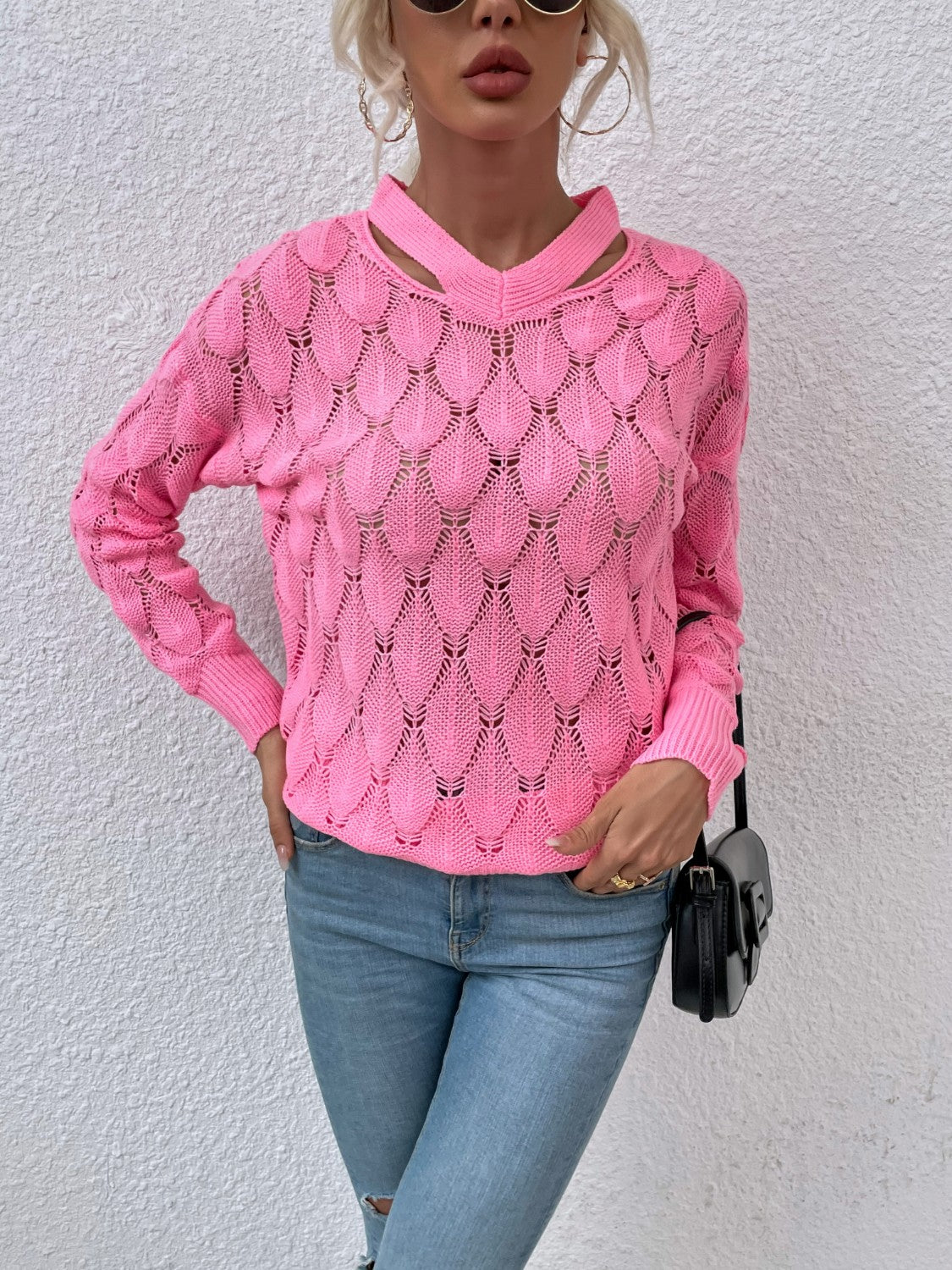 Openwork Cutout Dropped Shoulder Sweater Pink