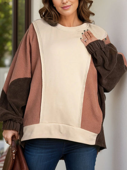 Plus Size Color Block Long Sleeve Hoodie Tan